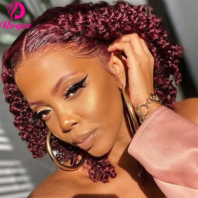 Crown & Glory Wigs  Short Bob Wigs 99J Kinky Curly Bob Wig Lace Front Human Hair Wigs For Women 13x4 Red Burgundy Lace Wig 4x4 Lace Closure Wig