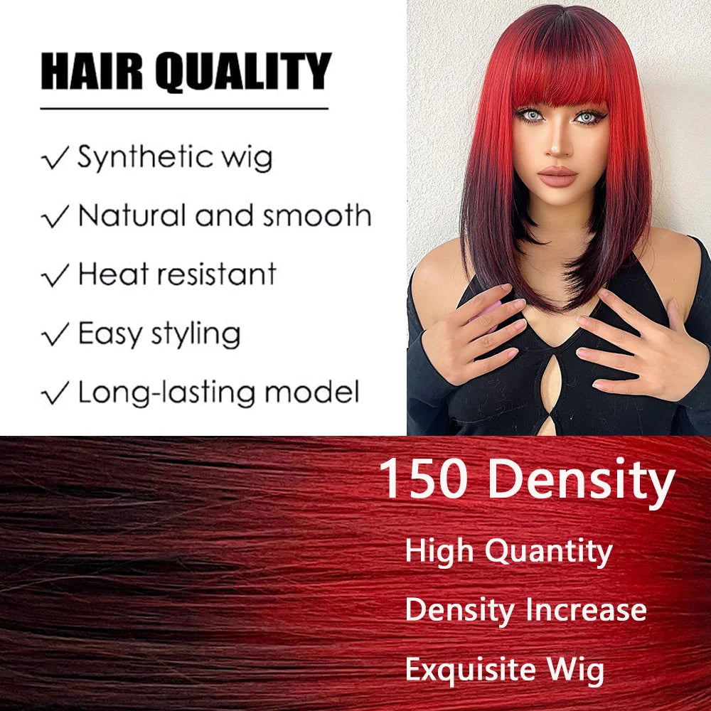 Crown & Glory Wigs  Black to Red Omber Straight Synthetic Wigs with Bangs Medium Synthetic Wigs for Women Use Cosplay Heat Resistant Natural Hair