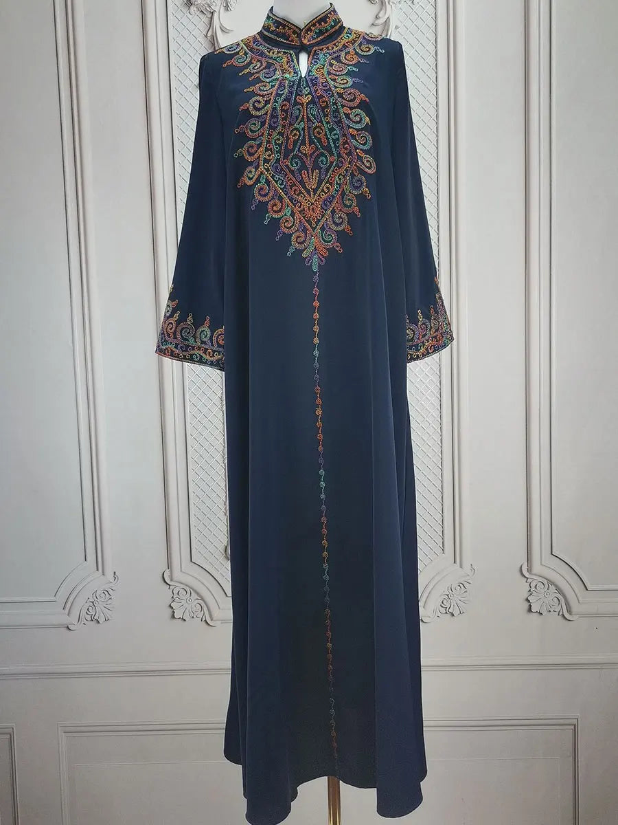 Muslim family   Siskakia Embroidery V-Neck Long Dress Dubai Arab Abaya For Muslim Woman Loose Moroccan Saudi Ethnic Jalabiya Fashion Robe 2024