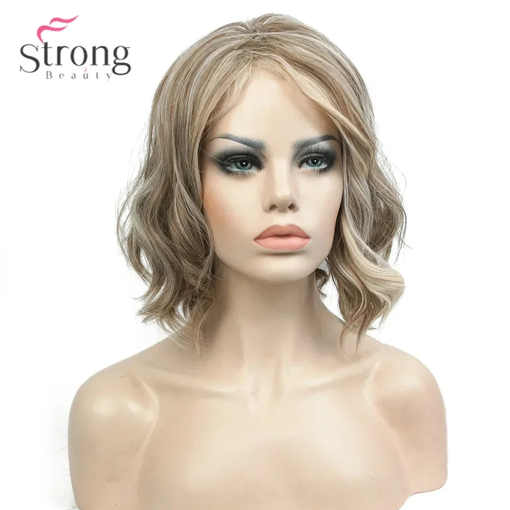 Crown & Glory Wigs   Strong Beauty Women Synthetic Wig Medium Length Curly Light golden Highlighted/Balayage Hair Natural Wigs