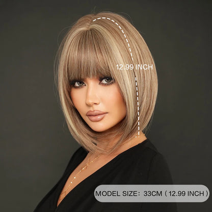 Crown & Glory Wigs NAMM Straight Light Brown Bob Wigs for Women Party Use With Neat Bangs Highlight Blonde High Density Synthetic Wig