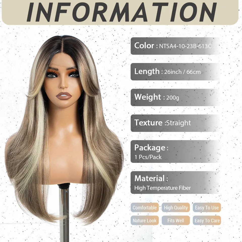 Crown & Glory Wigs  Synthetic Wigs 26 Inch Long Straight Lace Wigs With Bnags Lace Front Wig For Women Ombre Blonde Brown Cosplay Daily Party Wigs