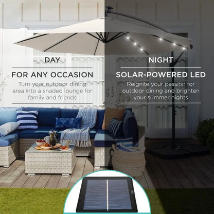 Outdoor 10ft Solar LED Offset Hanging Market Patio Umbrella for Backyard, Poolside, Lawn and Garden w/Easy Tilt Adjustment