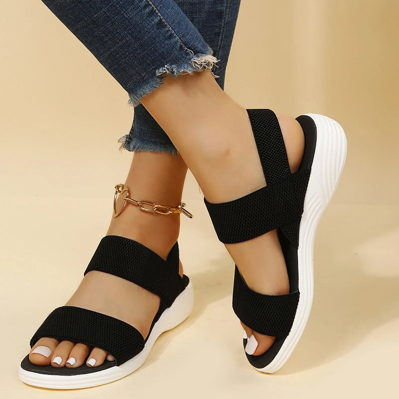 Woman shoes   Casual and Comfortable All-match Hollow Elastic Band Buckle Trifle Bottom Women's Sandals Solid Color Plus Size Women's Sandals