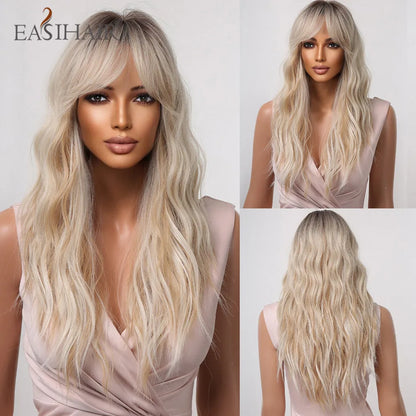 Crown & Glory Wigs EASIHAIR Ombre Brown Light Blonde Platinum Long Wavy Middle Part Hair Wig Cosplay Natural Heat Resistant Synthetic Wig for Women