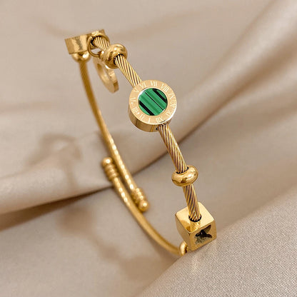 Jewellery FLASHBUY 18K Gold Plated Malachite Roman numerals Charm Stainless Steel Bracelet Bangle For Women Waterproof Fashion Jewelry