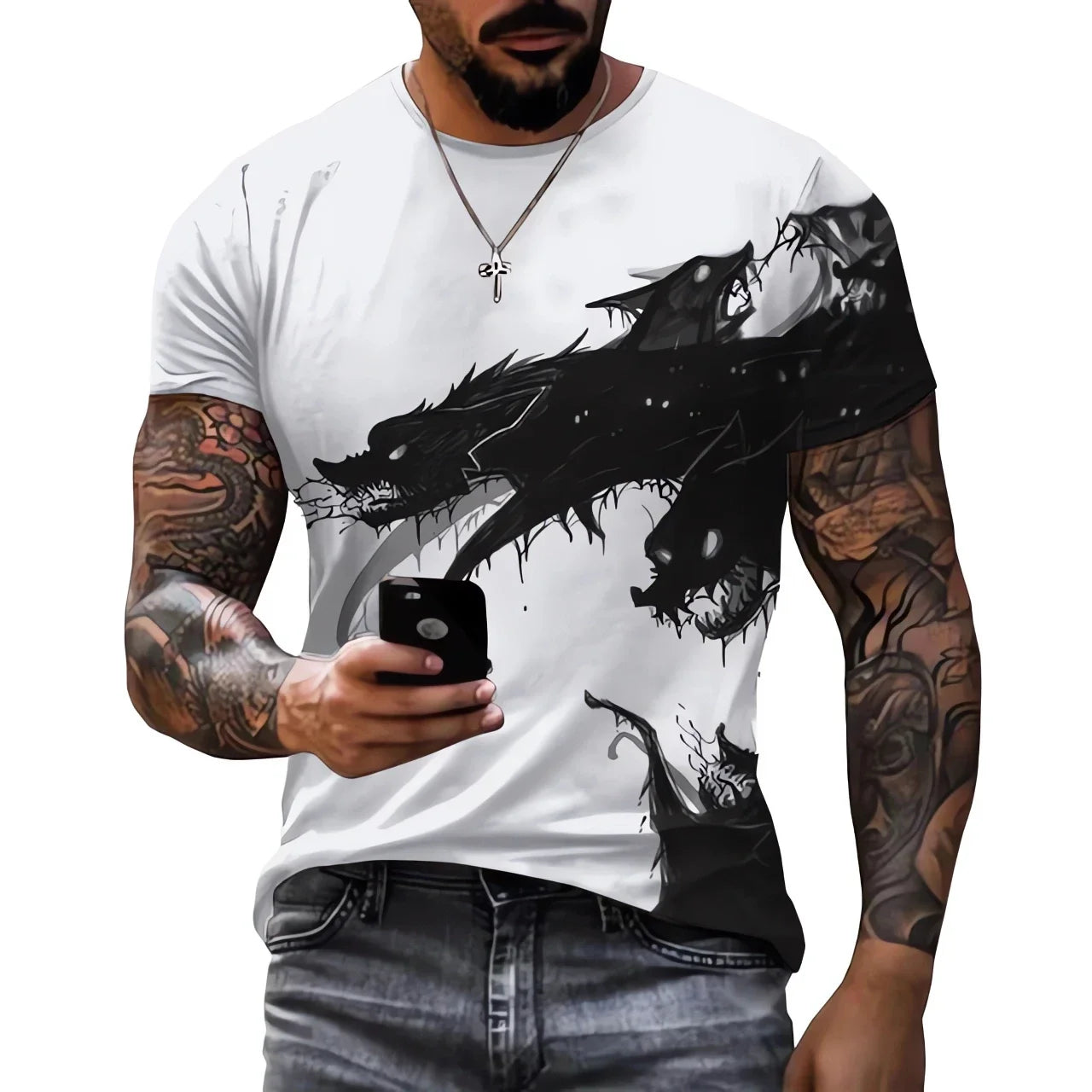 Men clothing  3D printed T-shirt with Wolf print Cool big black T-shirt round neck o neck