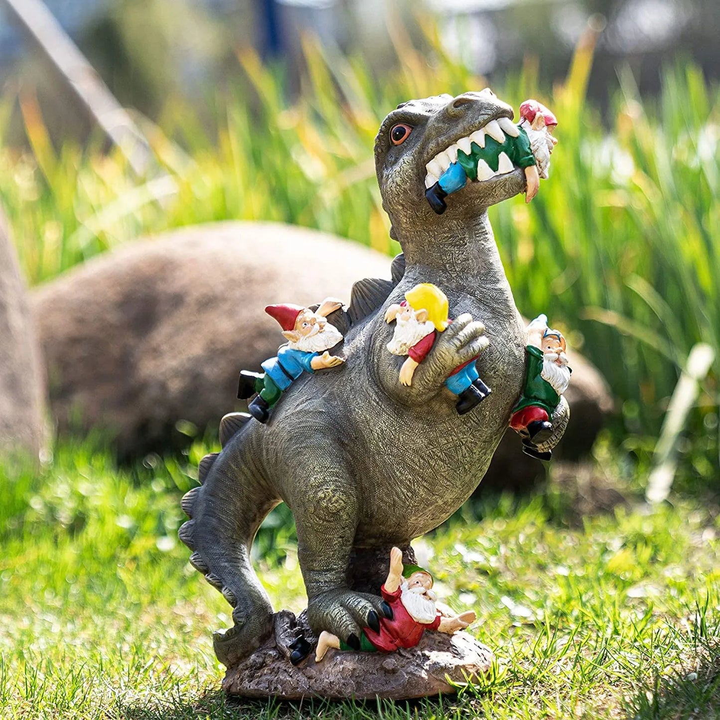 Outdoor  Garden Dinosaur Eating Gnome Statues Outdoor Funny Resin Figurines Sculpture Decor for Garden Patio Lawn Yard Ornament Decor 1pc