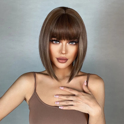 Crown & Glory Wigs  HENRY MARGU Brown Highlight Bob Wig Mixed Color Synthetic Hair for Women Natural Short Straight Wigs with Bangs High Temperature