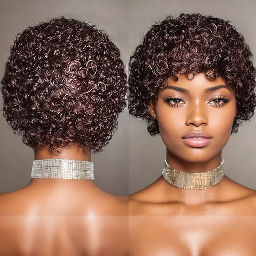 Crown & Glory Wigs Short Curly 99J Wig For Woman 100% Human Hair Wigs Full Machine Made Pixie Curl Kinky Curly Wigs