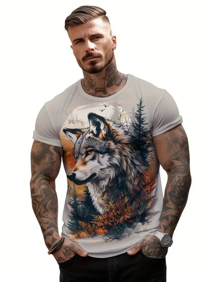 Men clothing  Animal Wolf Pattern Men's T shirt Fashion Crew Neck Short Sleeve