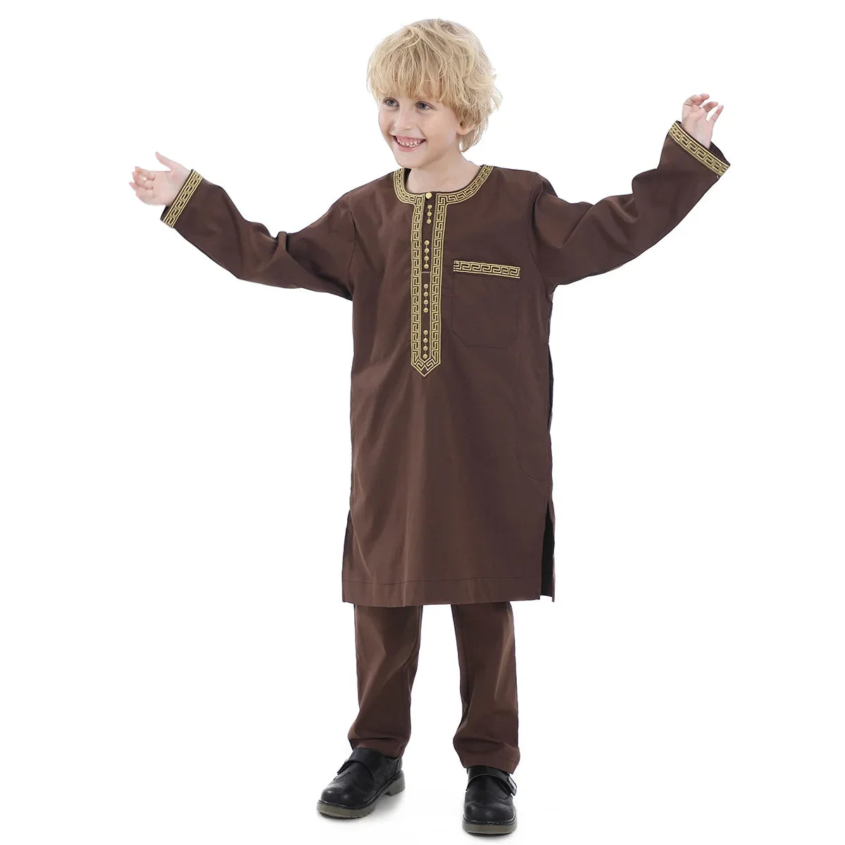 Muslim family    Muslim Kids Jubba Thobe Arab Boy Thobe Children Abaya Ramadan Dress Pant Set 2 Piece Caftan Robe Kaftan Musulman Ensembles