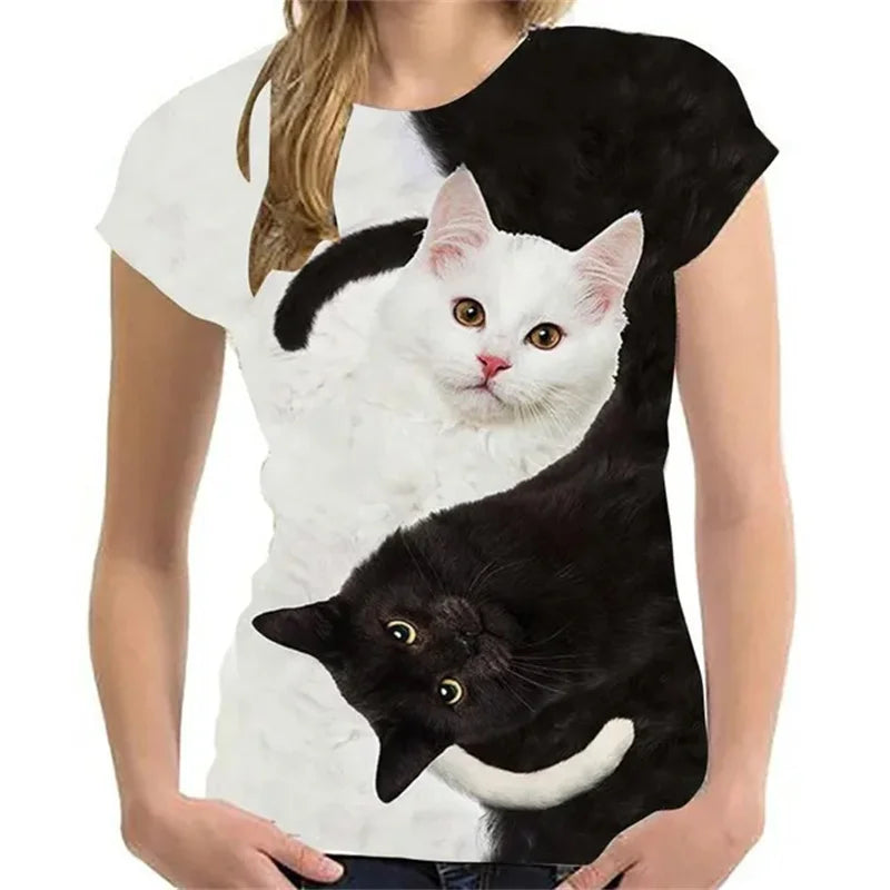 Woman clothing  3D Printed Mysterious Cat T-Shirt For Women Men Cute Animal Graphic T Shirts Summer Fashion Loose Tees Short Sleeves O-Neck Tops