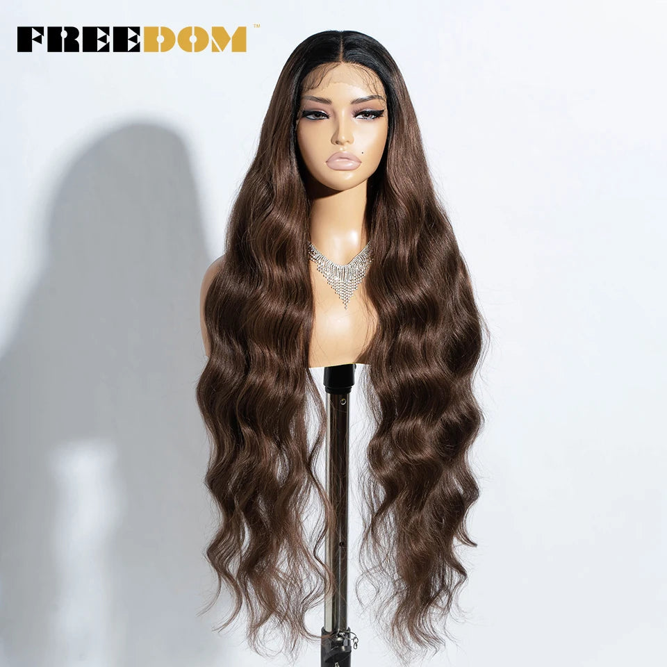 Crown & Glory Wigs   FREEDOM Synthetic Lace Front Wigs For Women 36" Long Body Wave Lace Wig Ombre Brown Blonde Highlight Cosplay Wigs Heat Resistant