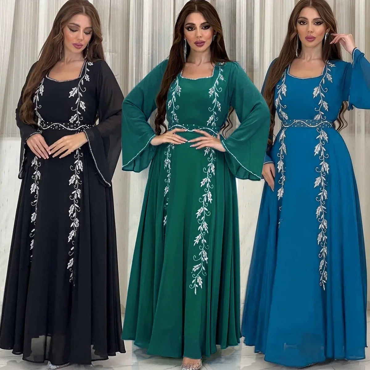 Muslim family   Ramadan Embroidery Abaya for Women Eid Mubarak Djellaba Marocain Jalabiya Saudi Arabic Robe Dubai Turkey Kaftan Islamic Clothing