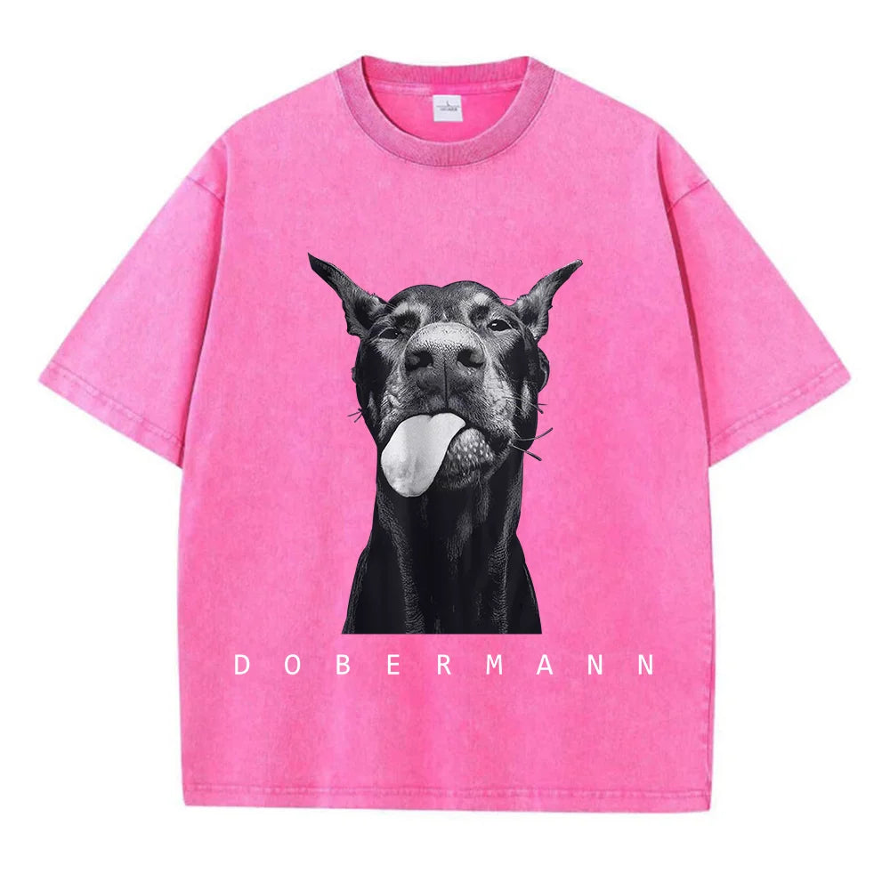 Woman clothing   Cotton Washed T-Shirts Fashion Creativity Doberman Printing Short Sleeve