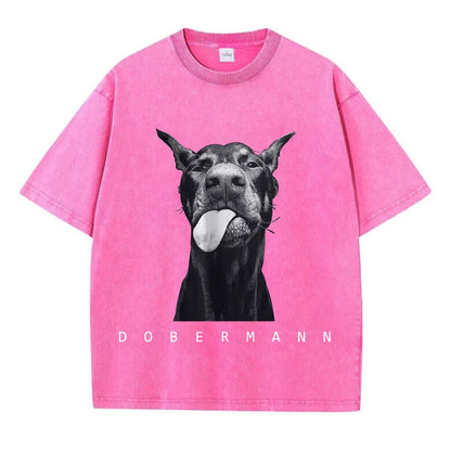 Woman clothing   Cotton Washed T-Shirts Fashion Creativity Doberman Printing Short Sleeve