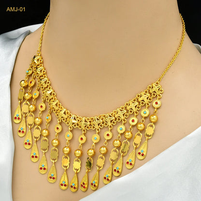 Jewellery   ANIID African 24K Gold Color Necklace With Tassel For Women Bride Crystal Jewellery Italian Wedding Dubai Wholesale