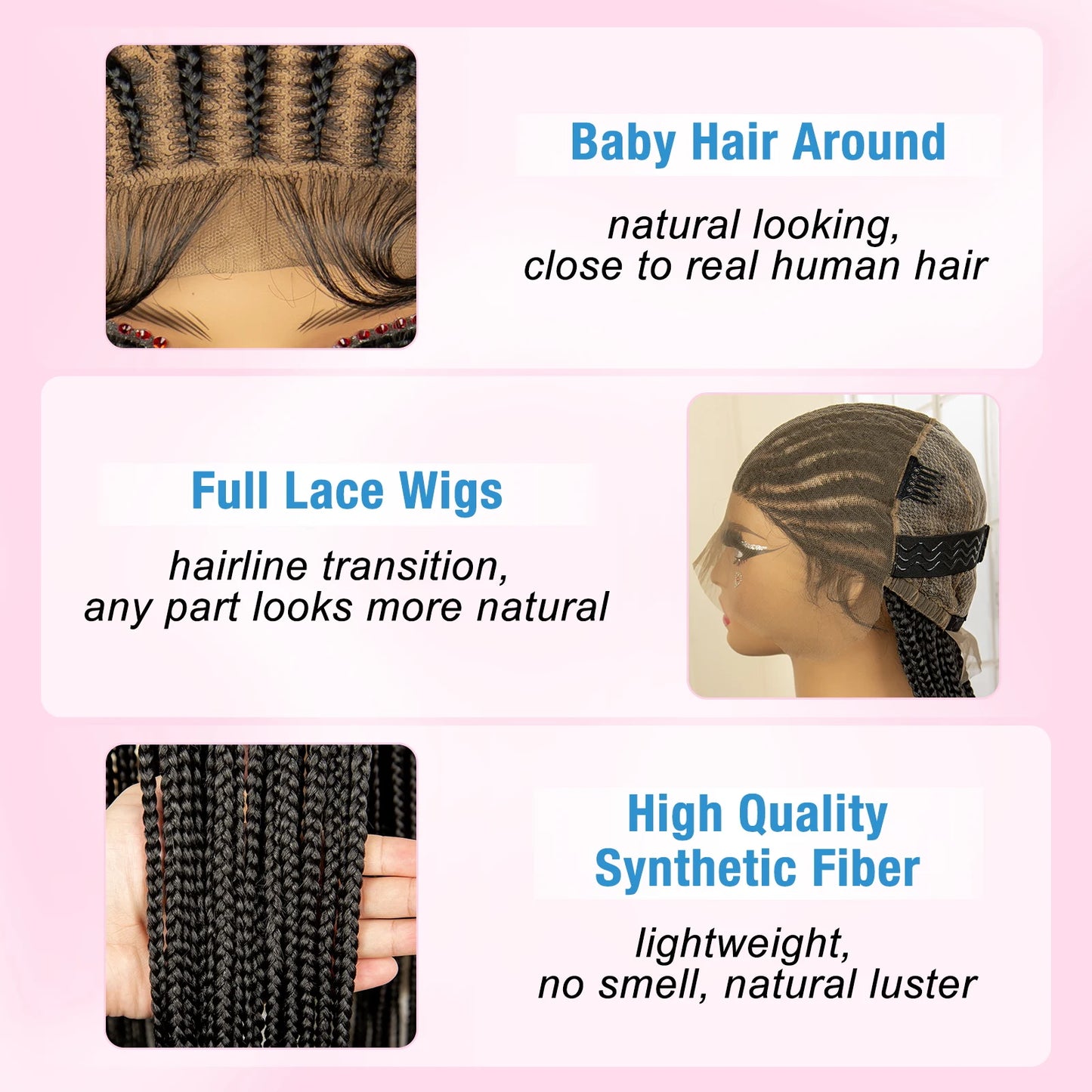 Crown & Glory Wigs  34 Inches Handmade Synthetic Braiding Wig HD Full Lace Cornrow Braided Wigs Back Knotless Box Braids Wig for Black Women