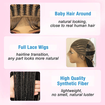 Crown & Glory Wigs  34 Inches Handmade Synthetic Braiding Wig HD Full Lace Cornrow Braided Wigs Back Knotless Box Braids Wig for Black Women