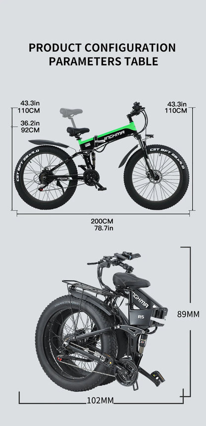 Outdoor  JINGHMA NEW R5 1000W Electric Bicycle 26 Inch Men's Bike 4.0 Fat Tires Ebike 48V 14AH Lithium Battery 45KM/H Mountain Motorcycl