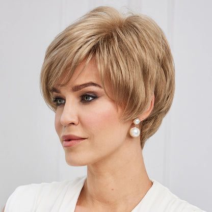 Crown & Glory Wigs Pixie Cut Short Bob Wigs with Bang Brown Blonde Layered Straight Kanekalon Synthetic Wig Human-hair Like Texture Natural Daily