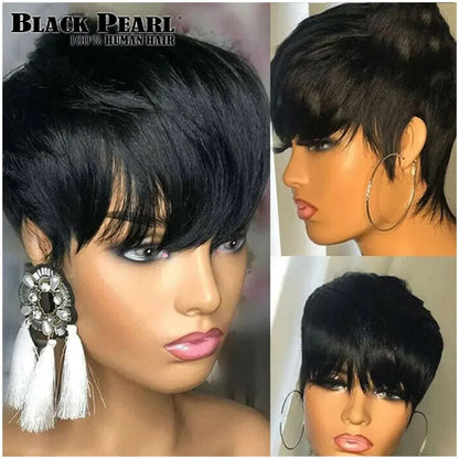 Crown & Glory Wigs  Human Hair Wigs Short Pixie Cut Wig Human Hair For Black Women Machine Made Wigs With Bangs Glueless Wig Perruque Cheveux Humain