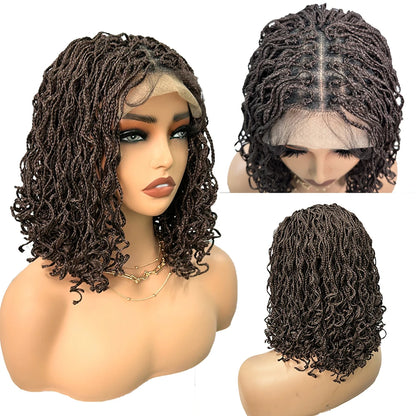 Crown & Glory Wigs Synthetic 4x4 Lace Front Braid Wig 14inch Curly Faux Locs Black Color Large Parting Space Twist Dreadlock Wigs for Black Women