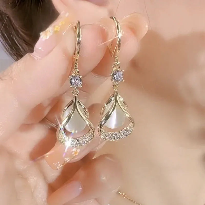 Jewellery 2PC  Cat Eye Stone Water Drop Niche Design Earrings Jewelry Accessories Suitable for Date, Party, Festival Gifts