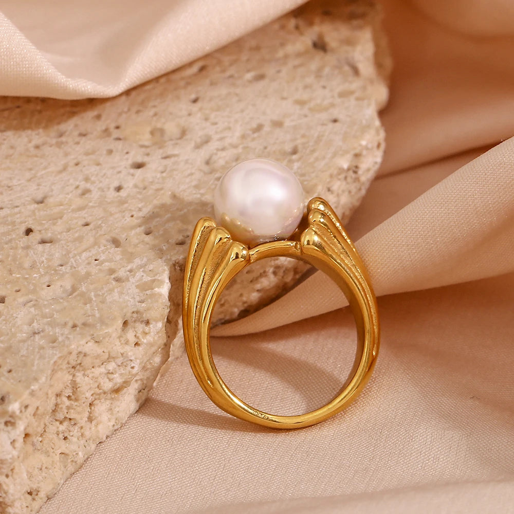 Jewellery  E.B.belle Casting Water Wave Texture Round Pearl Finger Rings For Woman Waterproof Steel Made Gold Color Index Ring