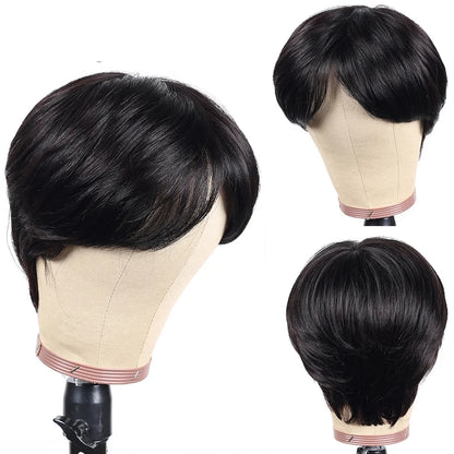 Crown & Glory Wigs  Pixie Cut 100% Full machine Human Hair Wig with Bangs for Women Short Layered Human Hair Brazilian Natural Black Hairs Cheap Wig