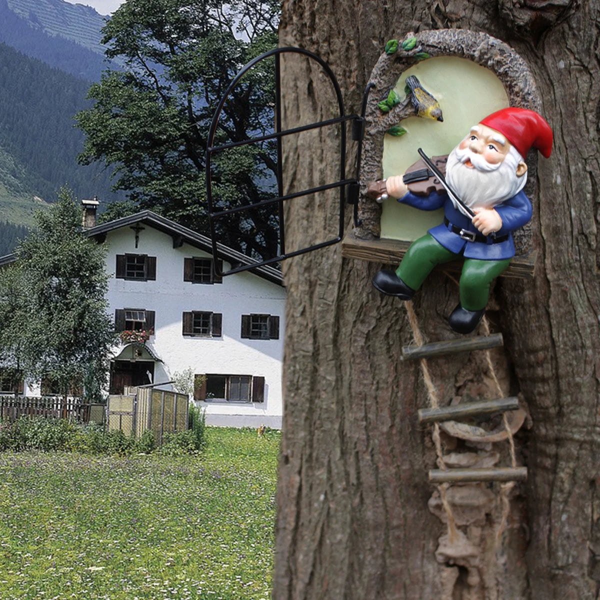 Outdoor 1 resin handicraft hanging from a dwarf playing piano tree, iron window, hanging tree, decorating courtyard tree trunks, hanging