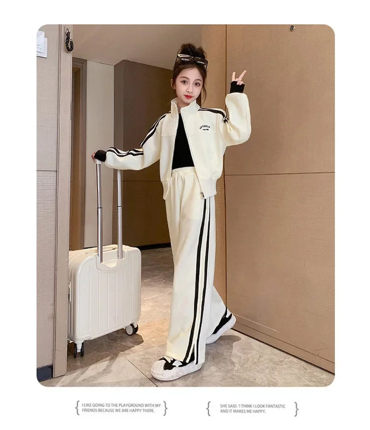 Girl clothing    Korean Spring Autumn Children Girl Sports Suit Teenager Girl Zipper Sweat Jackets+Wide-leg Sweatpants Junior Girl Tracksuit