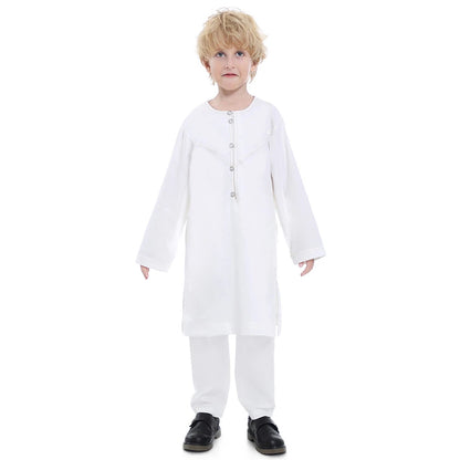 Muslim family   Muslim Boys Kids Jubba Thobe Saudi Arabic Robe 2 Piece Set Tops Pants Dubai Turkey Abaya Dress Kaftan Ramadan Djellaba Dishdasha