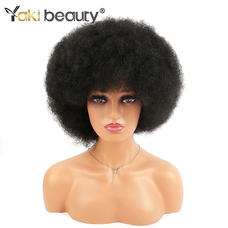 Crown & Glory Wigs Synthetic Afro Kinky Curly Wig With Bangs Big 70s Soft Afro Wig For Black Women Machine Made Cosplay Wig Natural Brown Black