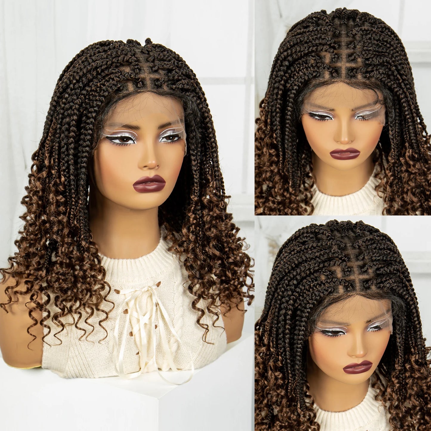 Crown & Glory Wigs  Full Lace Braided Lace Wigs Synthetic Knotless Box Braided Lace Wig with Curly Ends for Black Women Kinky Curly Braided Bob Wig