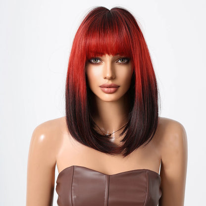 Crown & Glory Wigs  Black to Red Omber Straight Synthetic Wigs with Bangs Medium Synthetic Wigs for Women Use Cosplay Heat Resistant Natural Hair