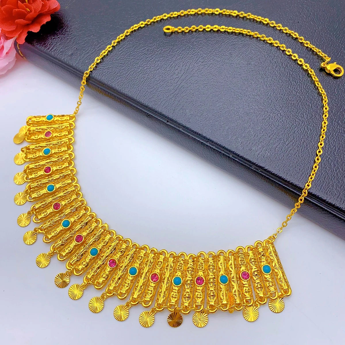 Jewellery    XuHuang African Crystal Pendant Tassel Necklace For Woman Ethiopian Bride Wedding Gold Color Jewelry Party Dubai Gifts 24K