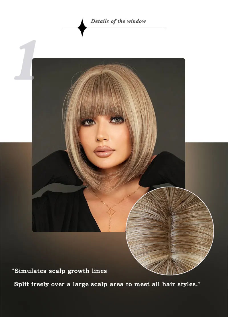 Crown & Glory Wigs NAMM Straight Light Brown Bob Wigs for Women Party Use With Neat Bangs Highlight Blonde High Density Synthetic Wig