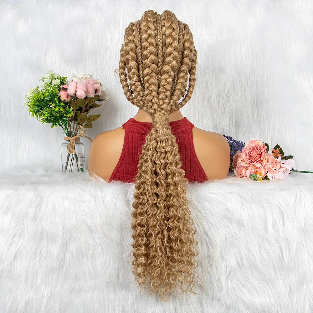 Crown & Glory Wigs  28 Inch Blonde Colour Synthetic Lace Front Braided Wigs for Black Women Crochets Braids Hair Wig Pre Plucked with Baby Hair