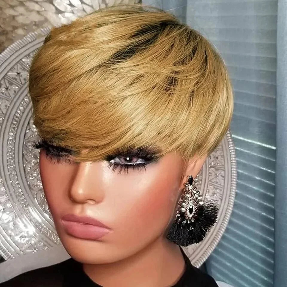 Crown & Glory Wigs  Human Hair Short Wigs For Black Women Straight Bob Pixie Honey Blonde Brazilian No Lace Front Wig With Bang