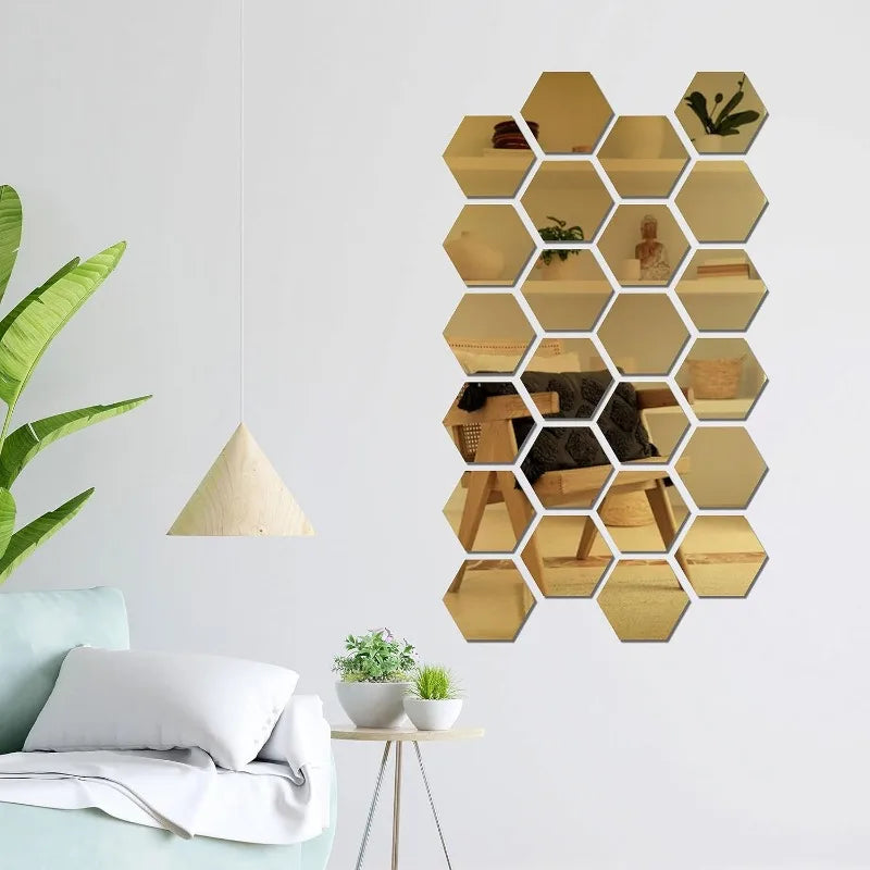 Living room  48/6pcs 3D Mirror Wall Sticker Hexagon Acrylic Self Adhesive Mosaic Tile Decals Removable Wall Sticker DIY Home Decor Art Mirror