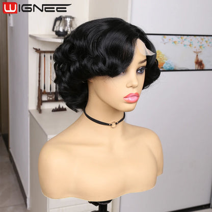 Crown & Glory Wigs   WIGNEE Pixie Short Wigs Synthetic Hair Body Wave Wig Side Part Lace Wig Natural Hair Wigs For Women Black Wig Heat Resistant