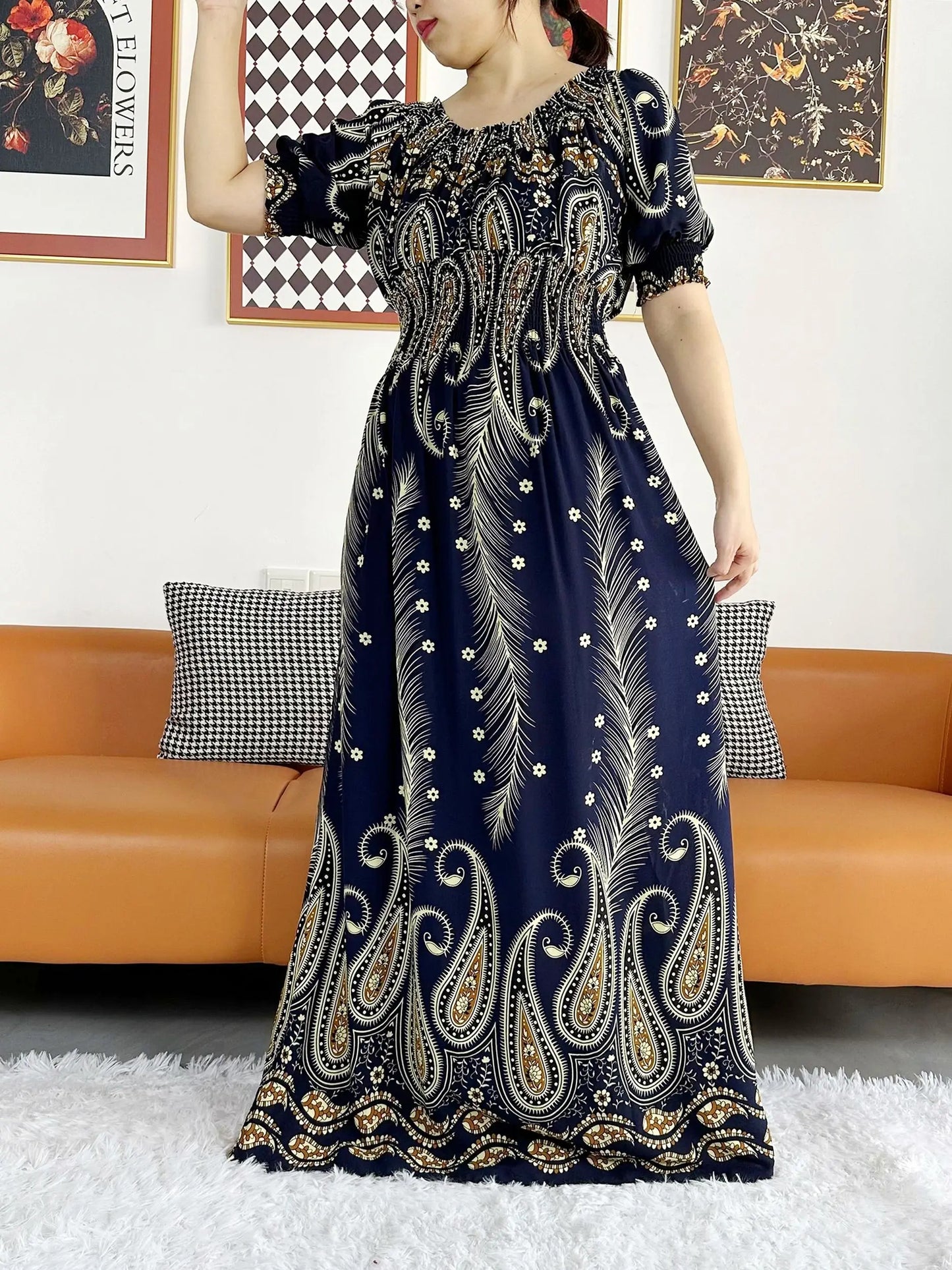 Muslim family   Women Party Dress Muslim Summer Short Sleeve Long Dress Collect Waist Floral Boubou Maxi Islam Women Dress African Abaya Clothes