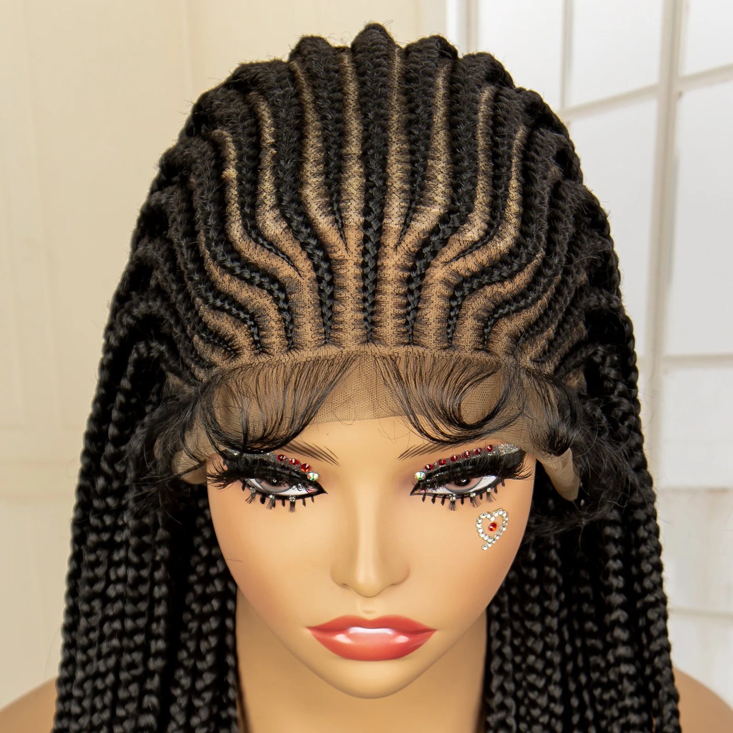 Crown & Glory Wigs  34 Inches Handmade Synthetic Braiding Wig HD Full Lace Cornrow Braided Wigs Back Knotless Box Braids Wig for Black Women