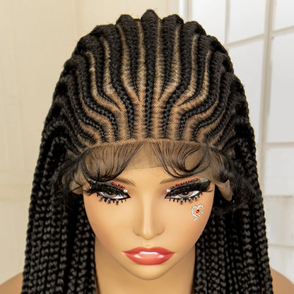 Crown & Glory Wigs  34 Inches Handmade Synthetic Braiding Wig HD Full Lace Cornrow Braided Wigs Back Knotless Box Braids Wig for Black Women