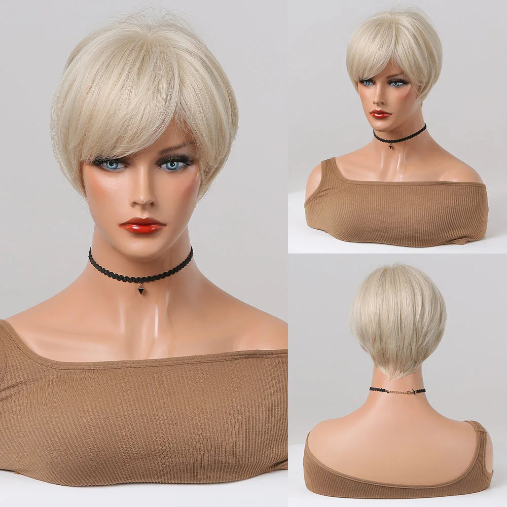 Crown & Glory Wigs  Bob Synthetic Wigs Ombre Brown to Blonde Straight Short Hair with Bangs for Women Daily Party Cosplay Use Heat Resistant Fibre