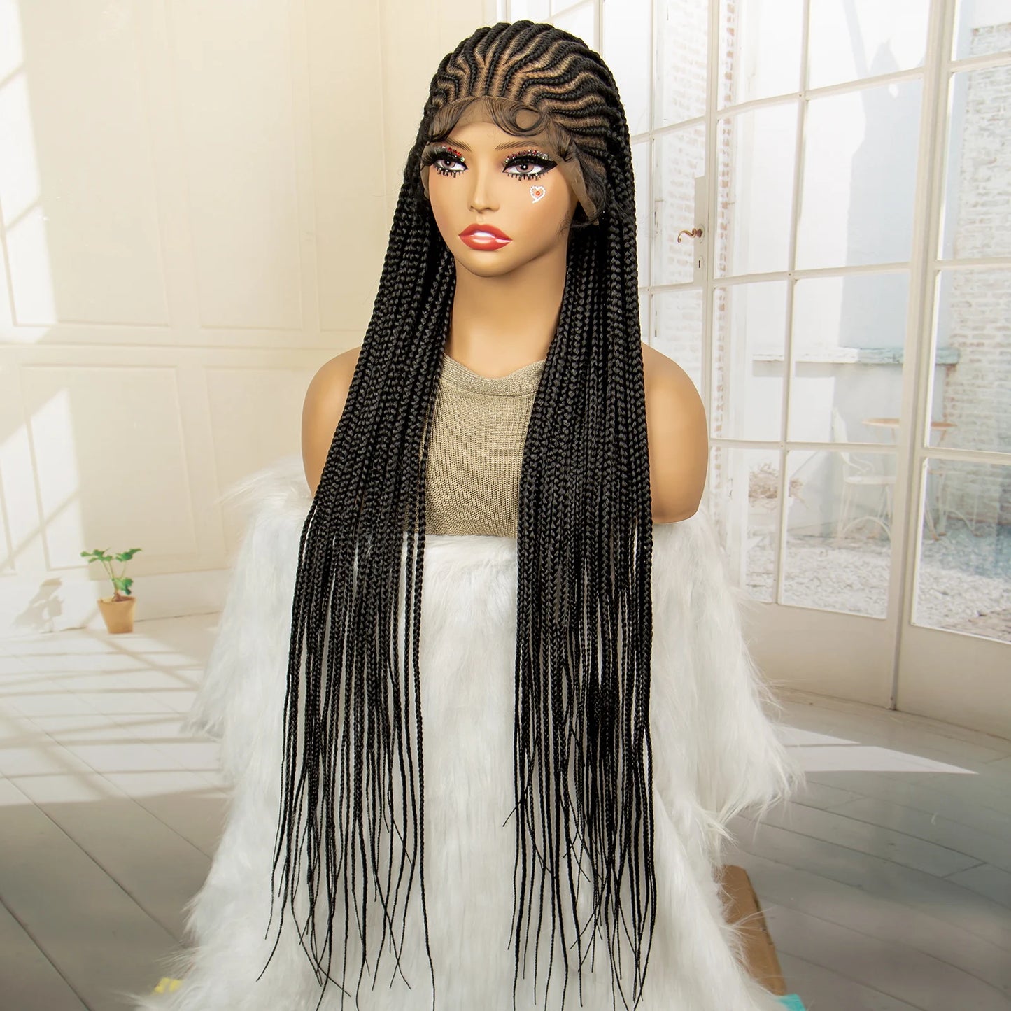 Crown & Glory Wigs  34 Inches Handmade Synthetic Braiding Wig HD Full Lace Cornrow Braided Wigs Back Knotless Box Braids Wig for Black Women