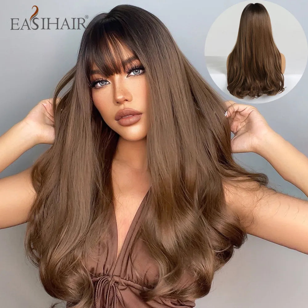 Crown & Glory Wigs EASIHAIR Ombre Brown Light Blonde Platinum Long Wavy Middle Part Hair Wig Cosplay Natural Heat Resistant Synthetic Wig for Women