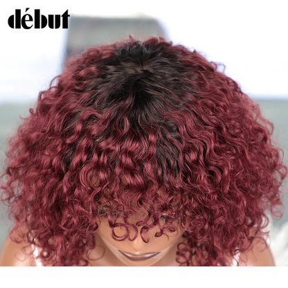 Crown & Glory Wigs  Debut Highlight Curly With Bangs Human Hair Wigs Kinky Curly Wigs For Black Women Brazilian Remy Human Hair Wigs Cheap Jerry Curl